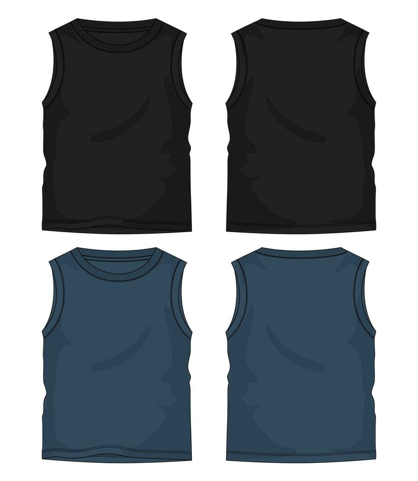 Tank tops technical drawing fashion flat sketch vector illustration black and navy blue color template front and back views.
