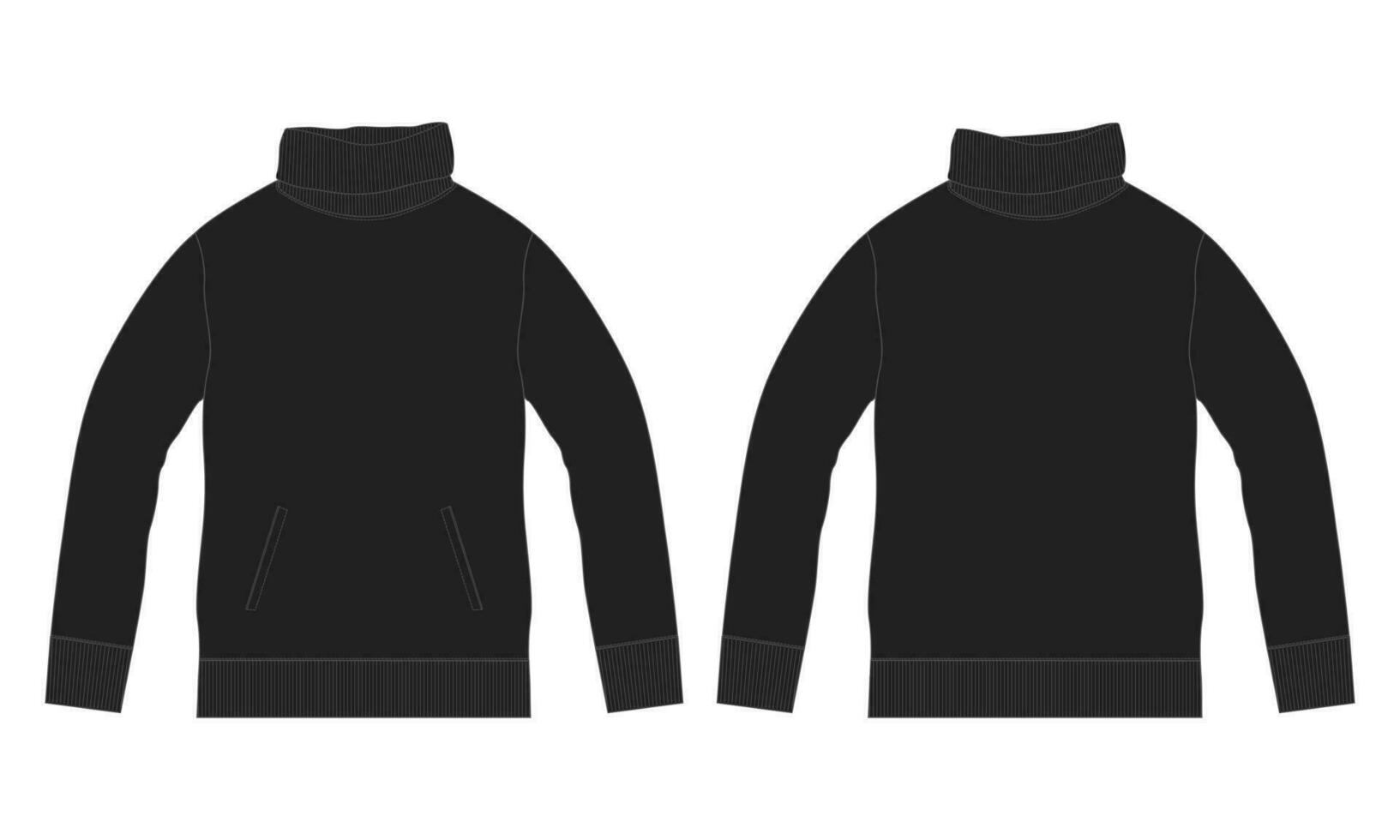 ong sleeve sweatshirt with stand up collar technical drawing fashion flat sketch vector illustration black Color template front and back views