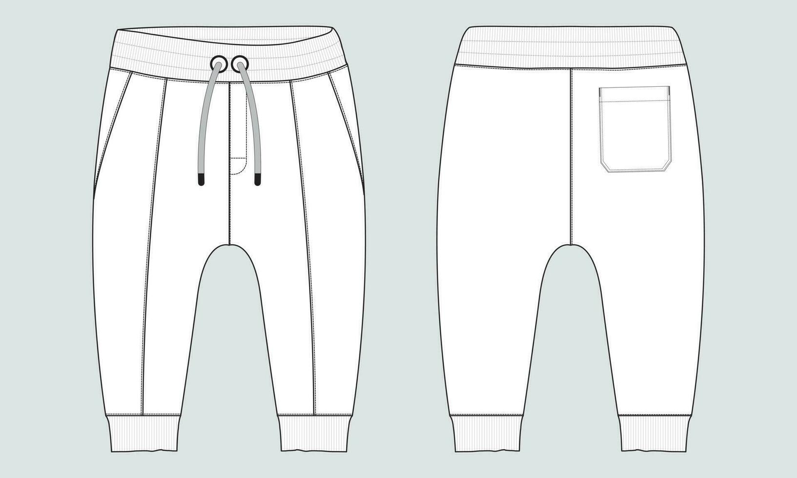 Fleece cotton jersey basic Sweat pant technical drawing fashion flat sketch template front and back views. Apparel jogger pants vector illustration mock up for kids and boys.