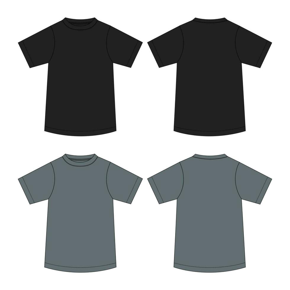Short Sleeve Ladies t shirt Technical Fashion flat sketch Vector illustration black and grey color template Front and back views. Apparel Clothing Design mock up