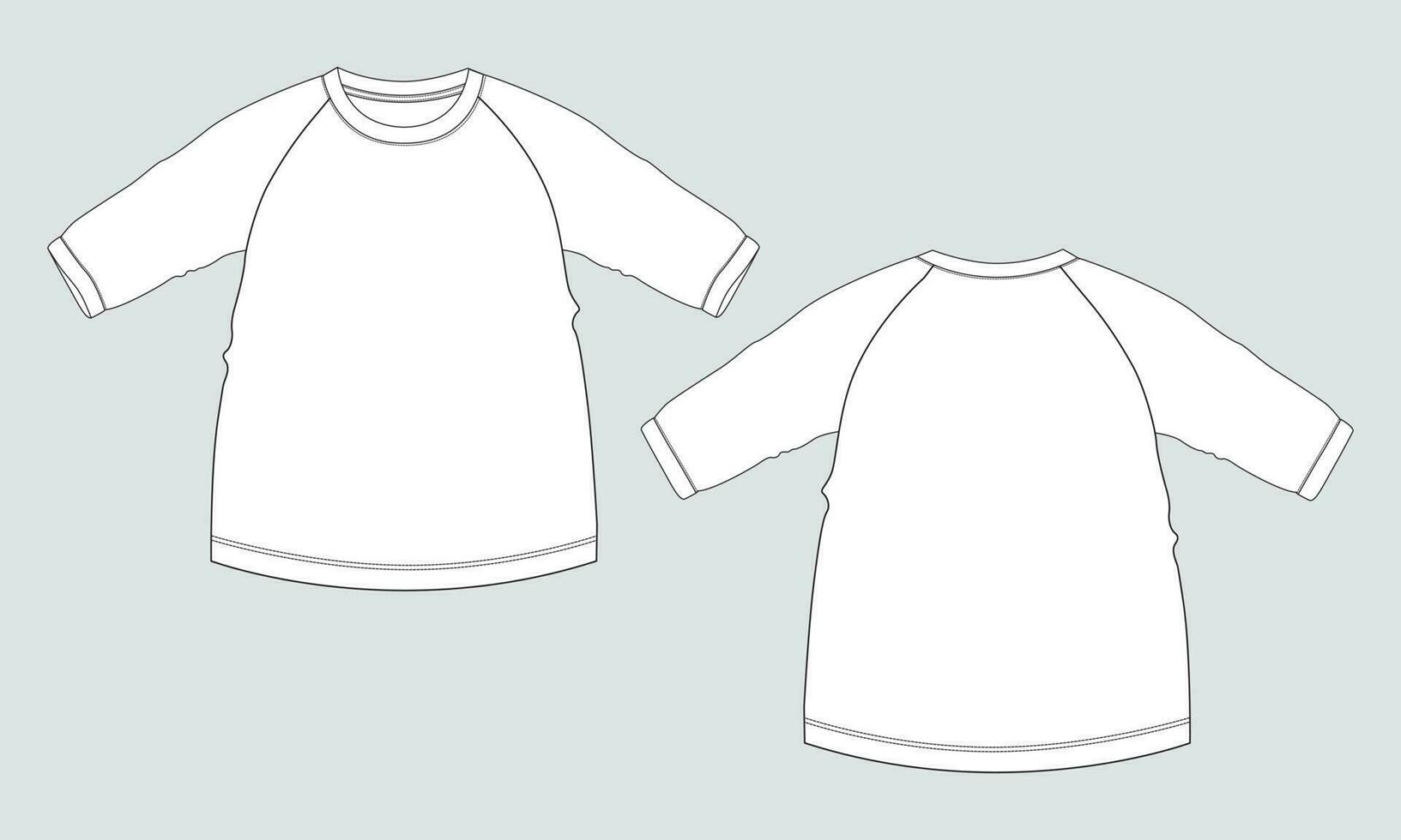 Long sleeve raglan t shirt technical drawing fashion flat sketch vector illustration template front and back views