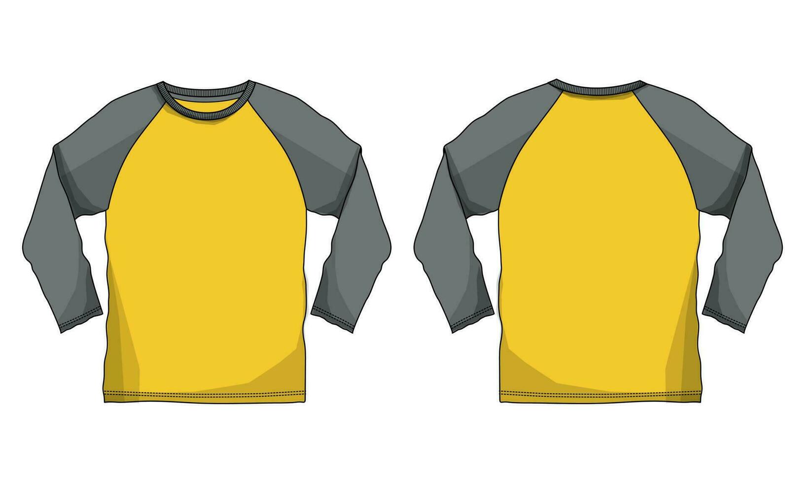 Two tone color raglan long sleeve T shirt technical drawing fashion flat sketch vector illustration template front and back views isolated on white background