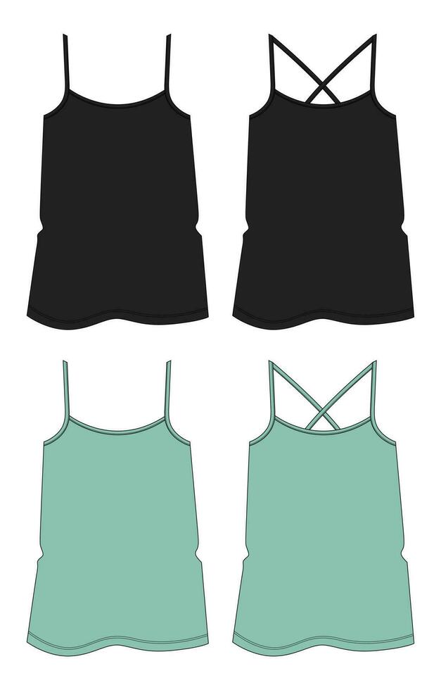 Ladies tank tops technical drawing fashion flat sketch vector illustration black and green color template front and back views