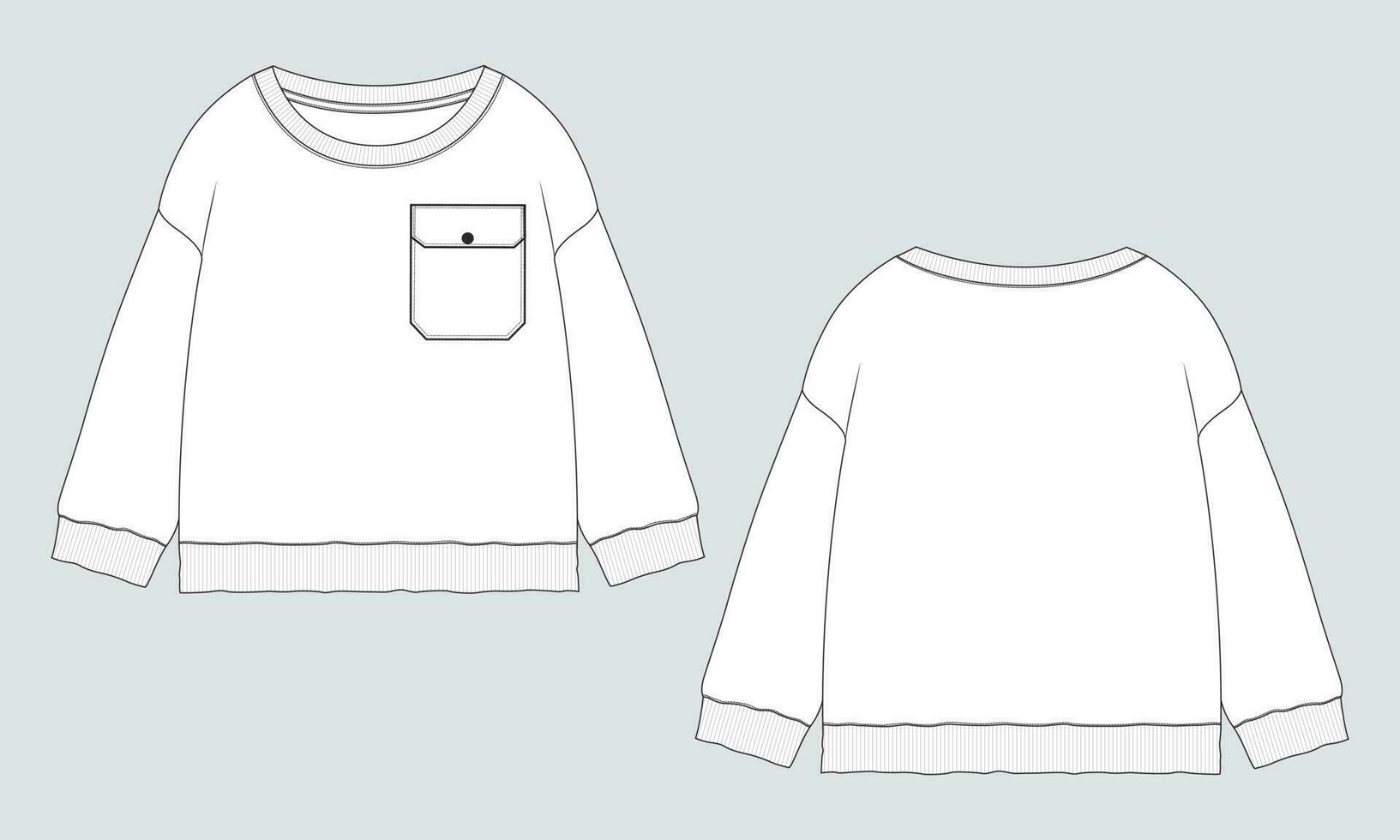 Long sleeves Cotton-terry Fleece sweatshirt technical fashion flat illustration With regular fit crew neckline. Flat Sketch jumper apparel vector template front, back view. Woman, unisex top