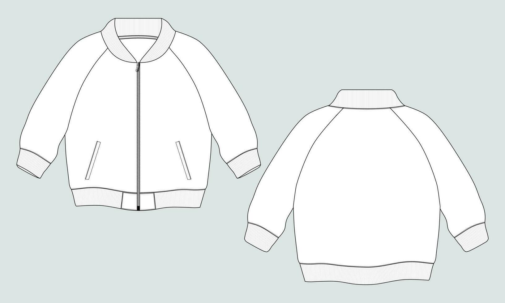 chaqueta de manga larga con bolsillo y cremallera vista frontal y posterior de la plantilla de ilustración vectorial de boceto plano de moda técnica. Chaqueta tipo sudadera de tejido polar para hombre y niño. vector