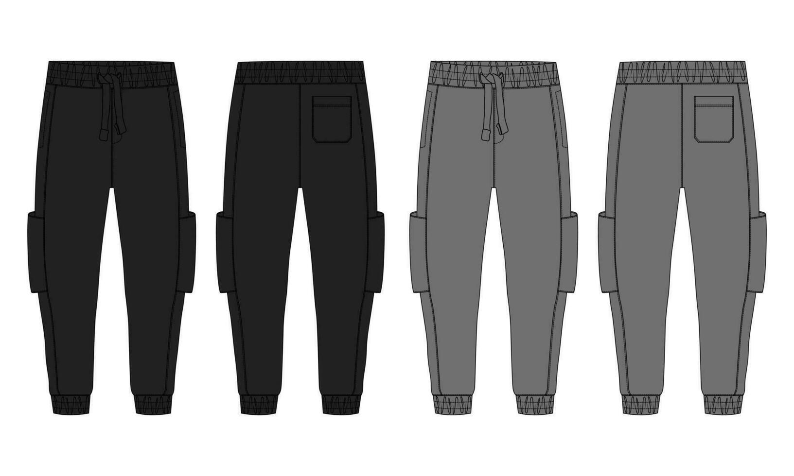 negro y gris color básico sudor pantalón técnico Moda plano bosquejo modelo frente, espalda puntos de vista. vestir lana algodón persona que practica jogging pantalones vector ilustración dibujo burlarse de arriba para de los hombres y Niños.