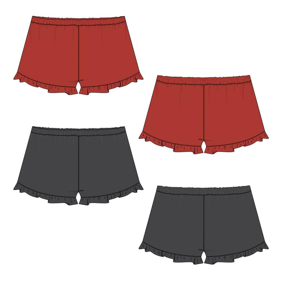 niños pantalones cortos vector ilustración negro y rojo color modelo frente y espalda puntos de vista aislado en blanco antecedentes