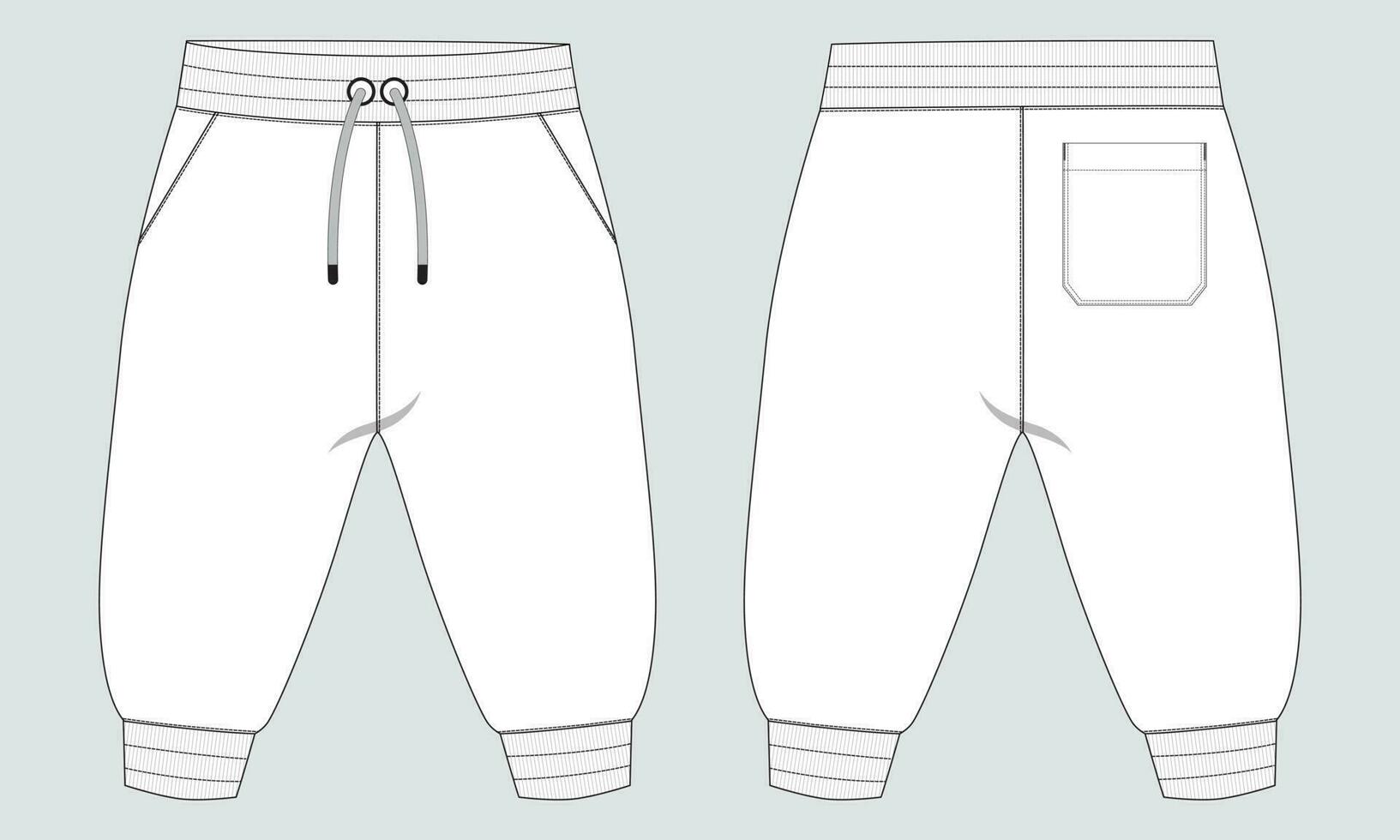 Fleece cotton jersey basic Sweat pant technical drawing fashion flat sketch template front and back views. Apparel jogger pants vector illustration mock up for kids and boys.