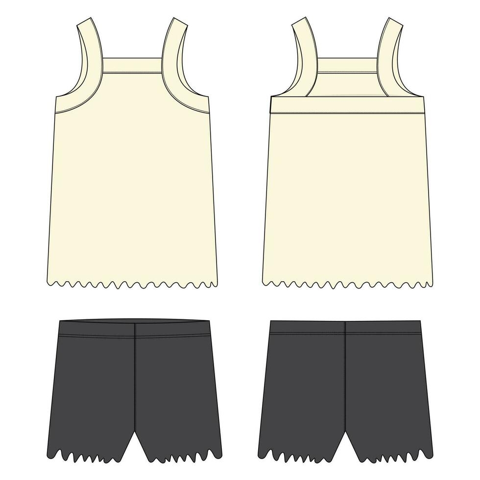 Tank tops with shorts pant technical drawing fashion flat sketch template front and back views. Apparel design vector illustration mockup for kids