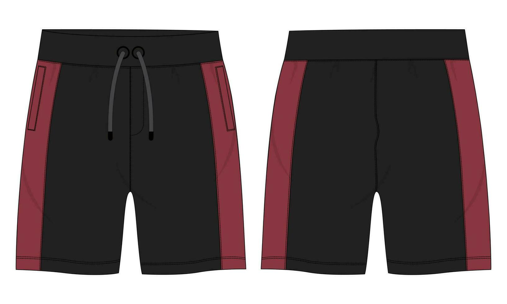 Sweat Shorts pant Technical drawing fashion flat sketch vector Illustration black color template front and back views isolated on white background.