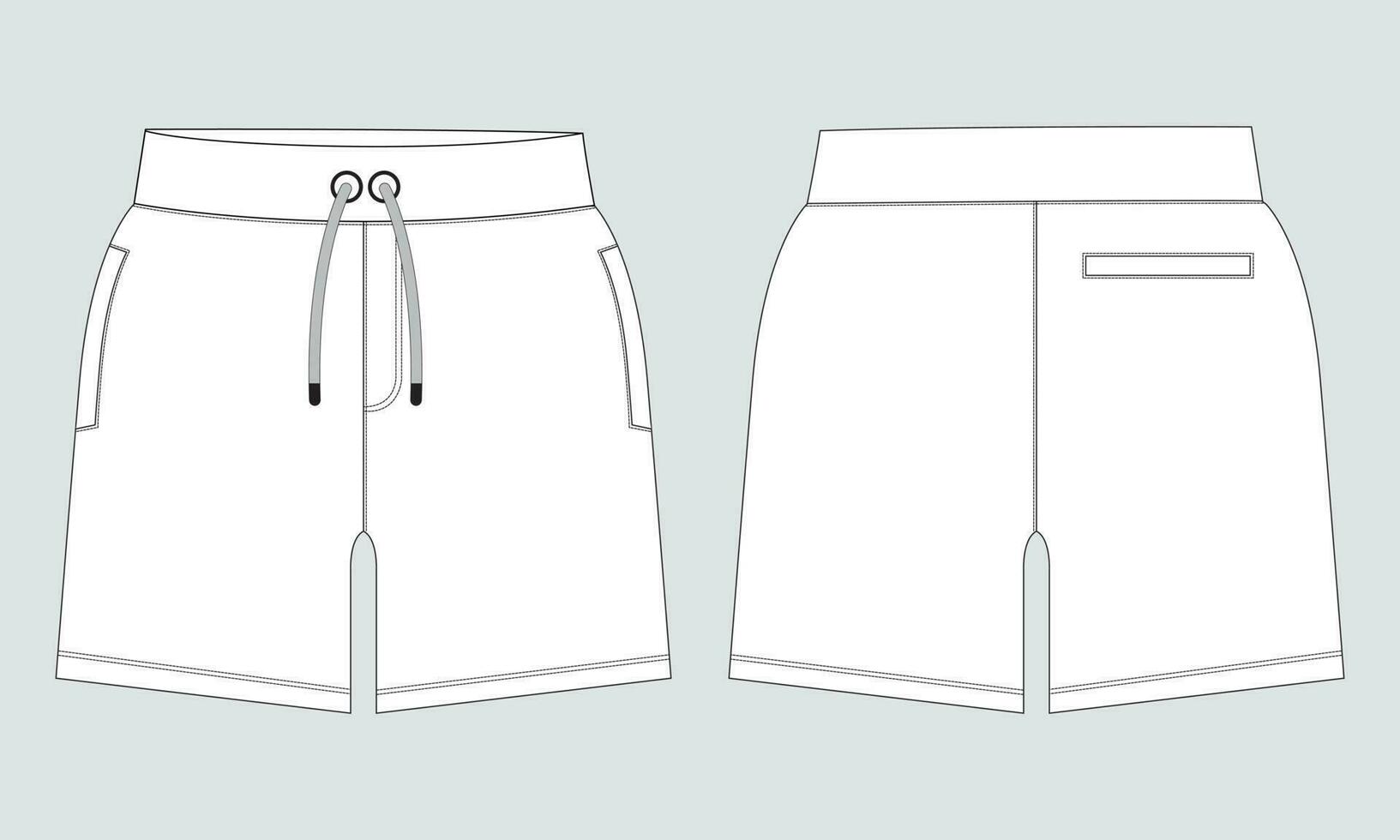 Shorts pant technical drawing fashion flat sketch template front and back views. Apparel jogger shorts vector illustration mock up for kids and boys
