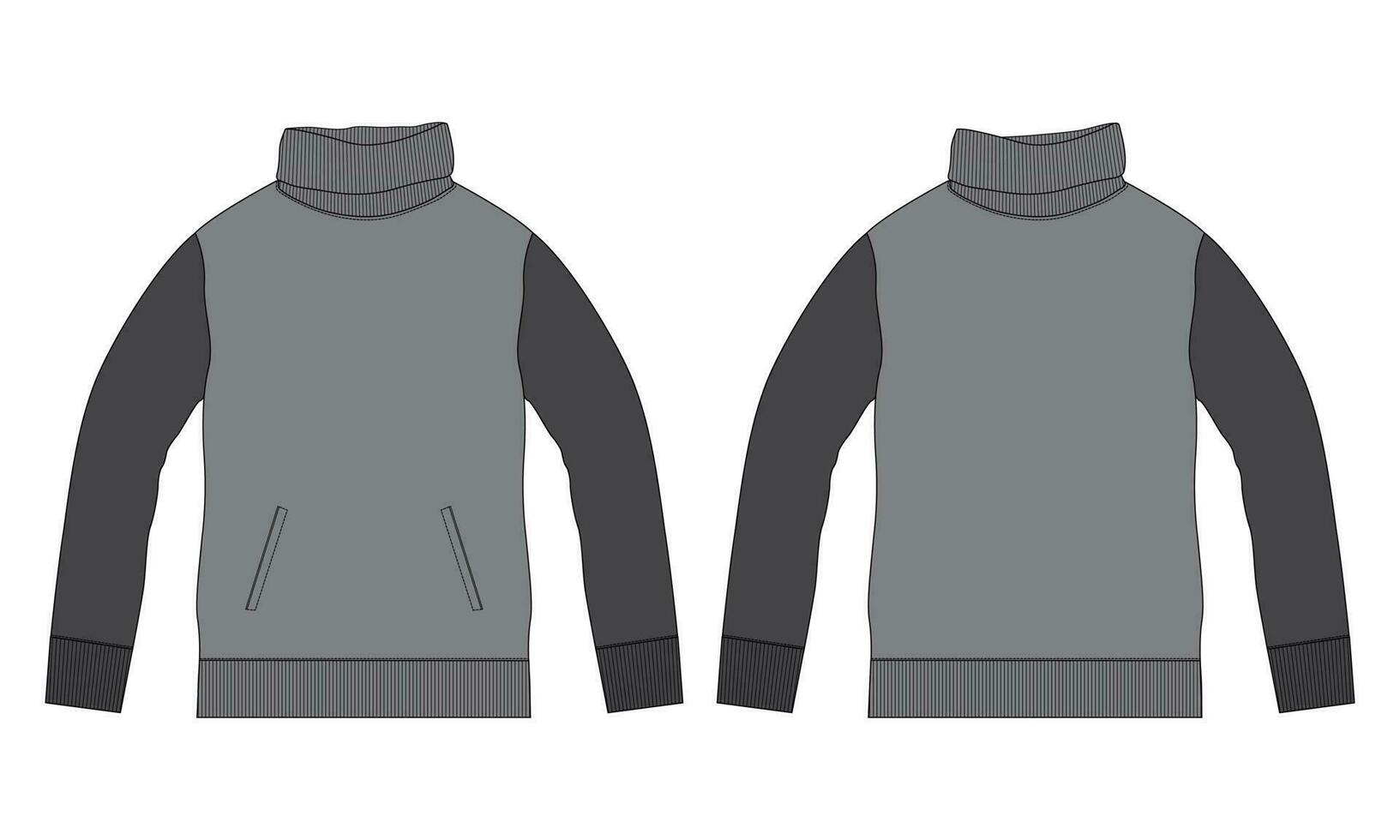 Two tone color sweatshirt with stand up collar technical drawing fashion flat sketch vector illustration template front and back views isolated on white background