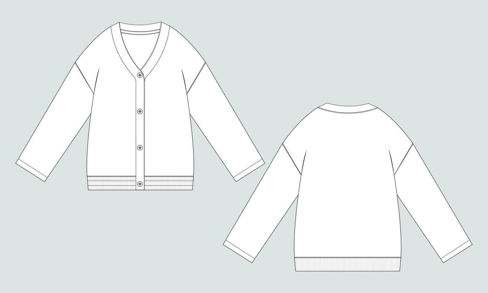 Cardigan technical drawing fashion flat sketch vector illustration template front and back isolated on grey background
