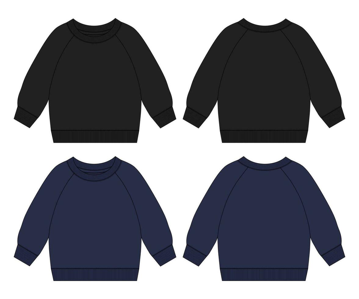 Long sleeve Sweatshirt technical drawing fashion flat sketch vector template For men's. Sweater dress design black and navy color mock up Front and back views