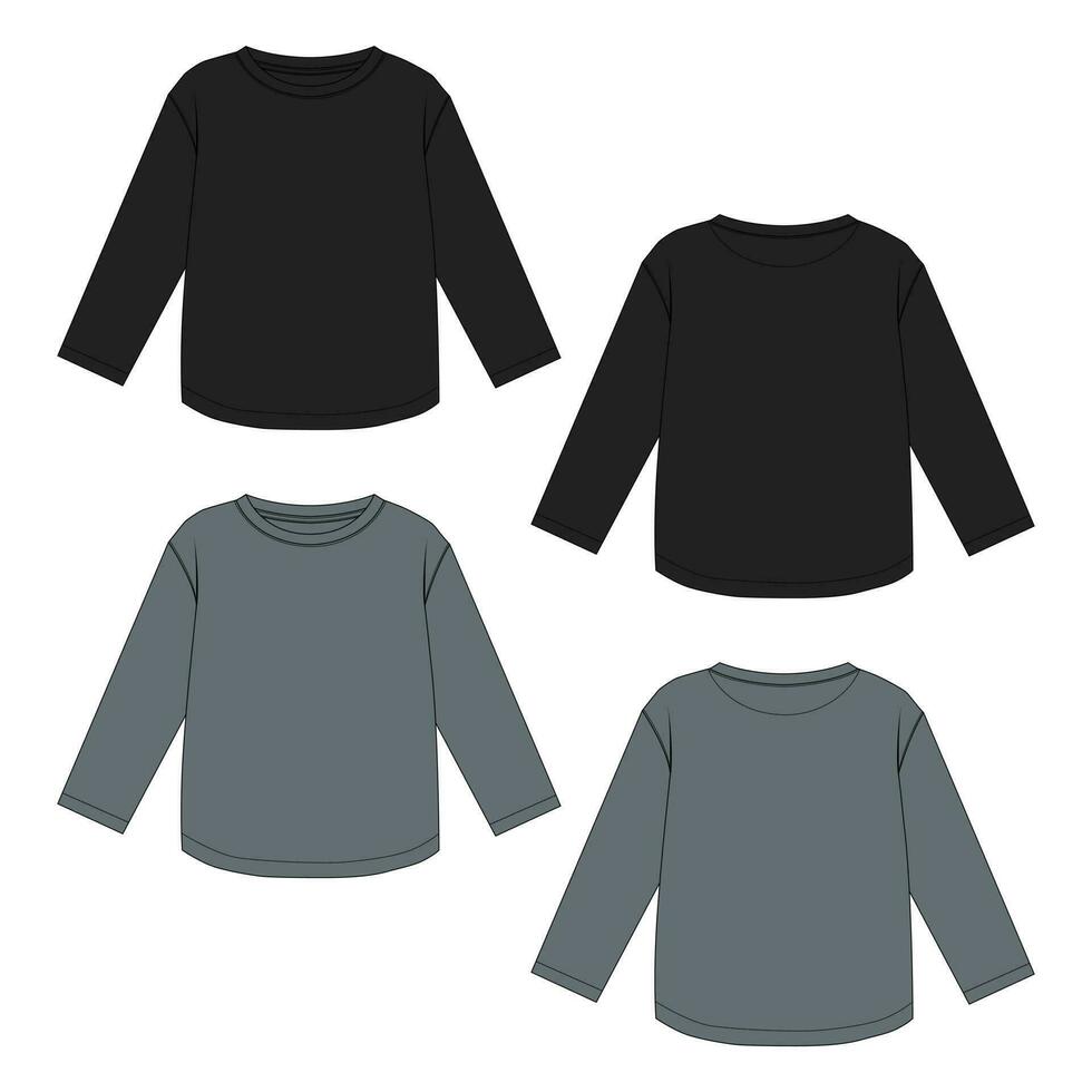 largo manga t camisa técnico dibujo Moda plano bosquejo vector ilustración negro y gris color modelo para De las mujeres frente y espalda puntos de vista