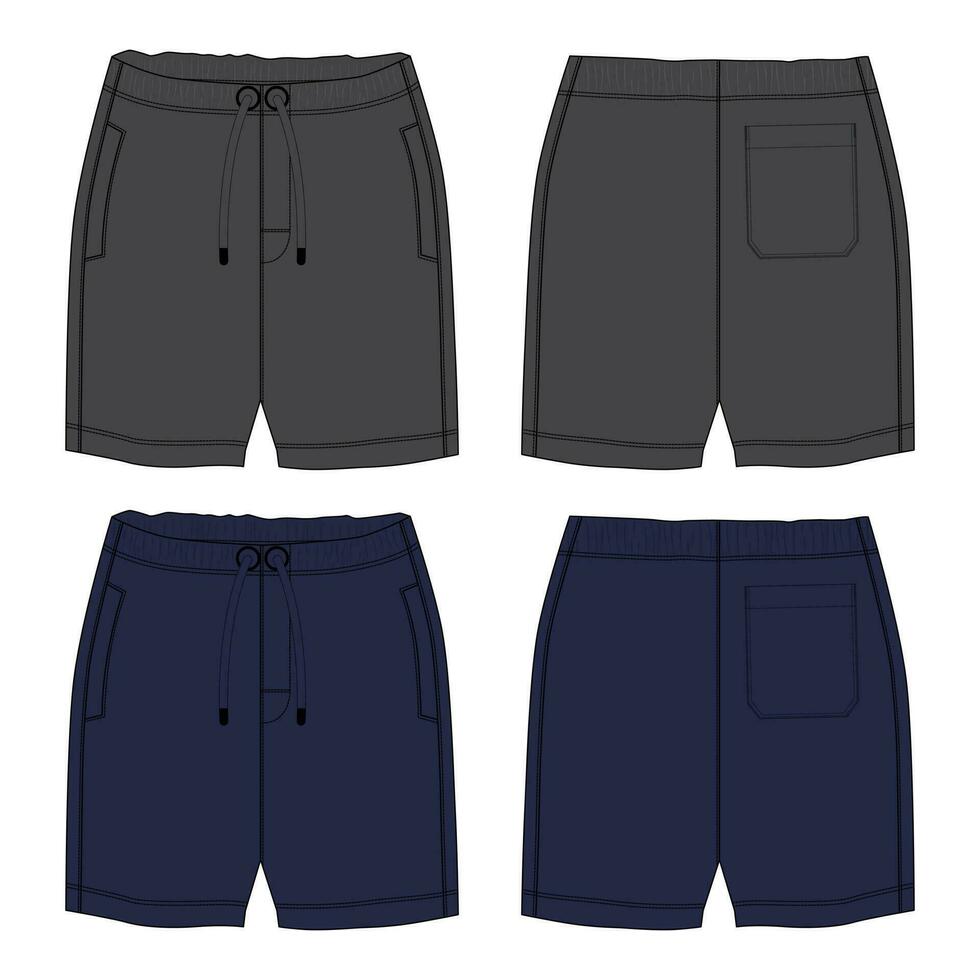 Shorts pant technical drawing fashion flat sketch template front and back views. Apparel jogger shorts vector illustration grey and navy color mock up for kids and boys