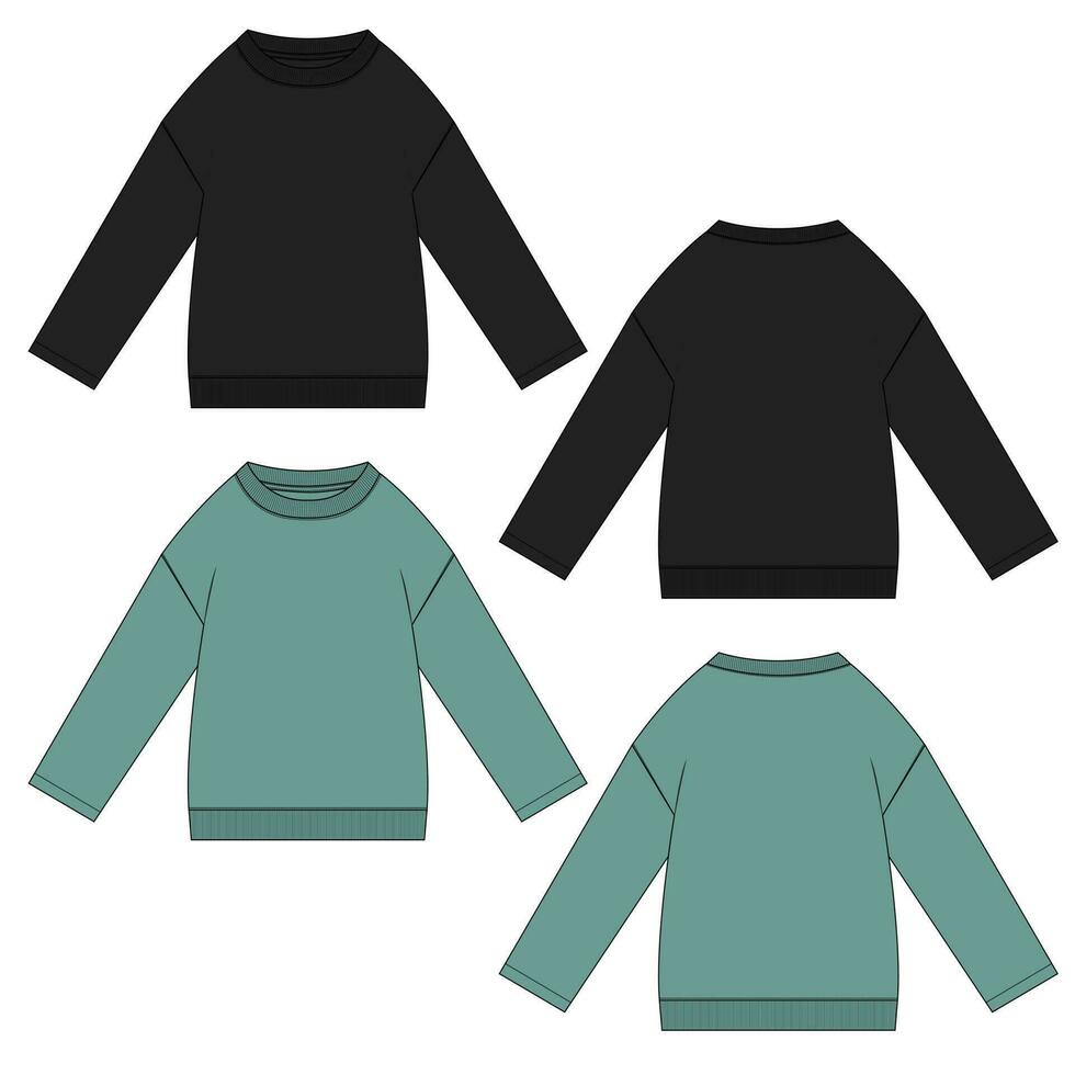 Long sleeve sweatshirt for women's. technical drawing fashion flat sketch vector illustration black and green color template front and back views