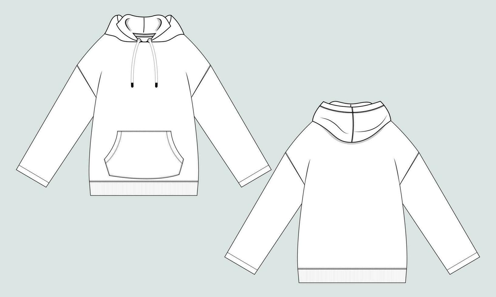 Long Sleeve Hoodie technical fashion flat sketch vector illustration template front and back views. Fleece jersey sweatshirt hoodie mock up for men's and boys.