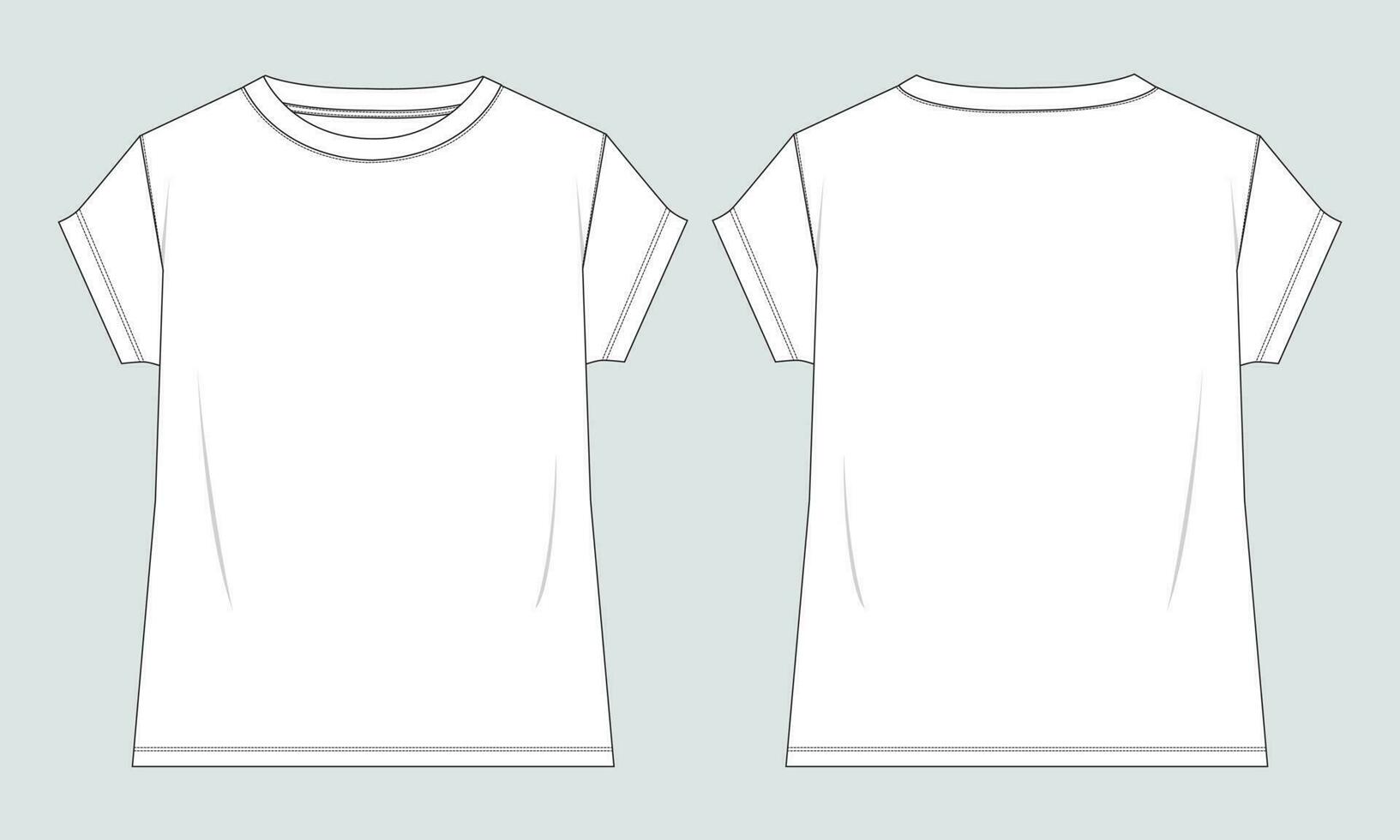 corto manga señoras t camisa técnico Moda plano bosquejo vector ilustración modelo frente y espalda puntos de vista. vestir ropa diseño burlarse de arriba