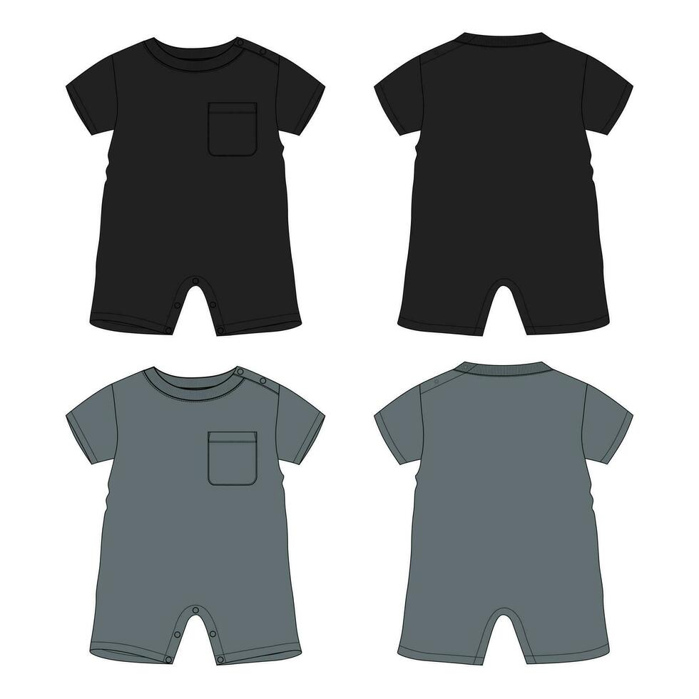 Romper bodysuit technical drawing fashion flat sketch vector illustration black and grey color template for kids isolated on white background.
