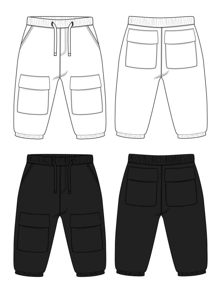 lana algodón jersey básico sudor pantalón técnico dibujo Moda plano bosquejo modelo frente y espalda puntos de vista. vestir persona que practica jogging pantalones vector ilustración blanco y negro color burlarse de arriba para niños y Niños.