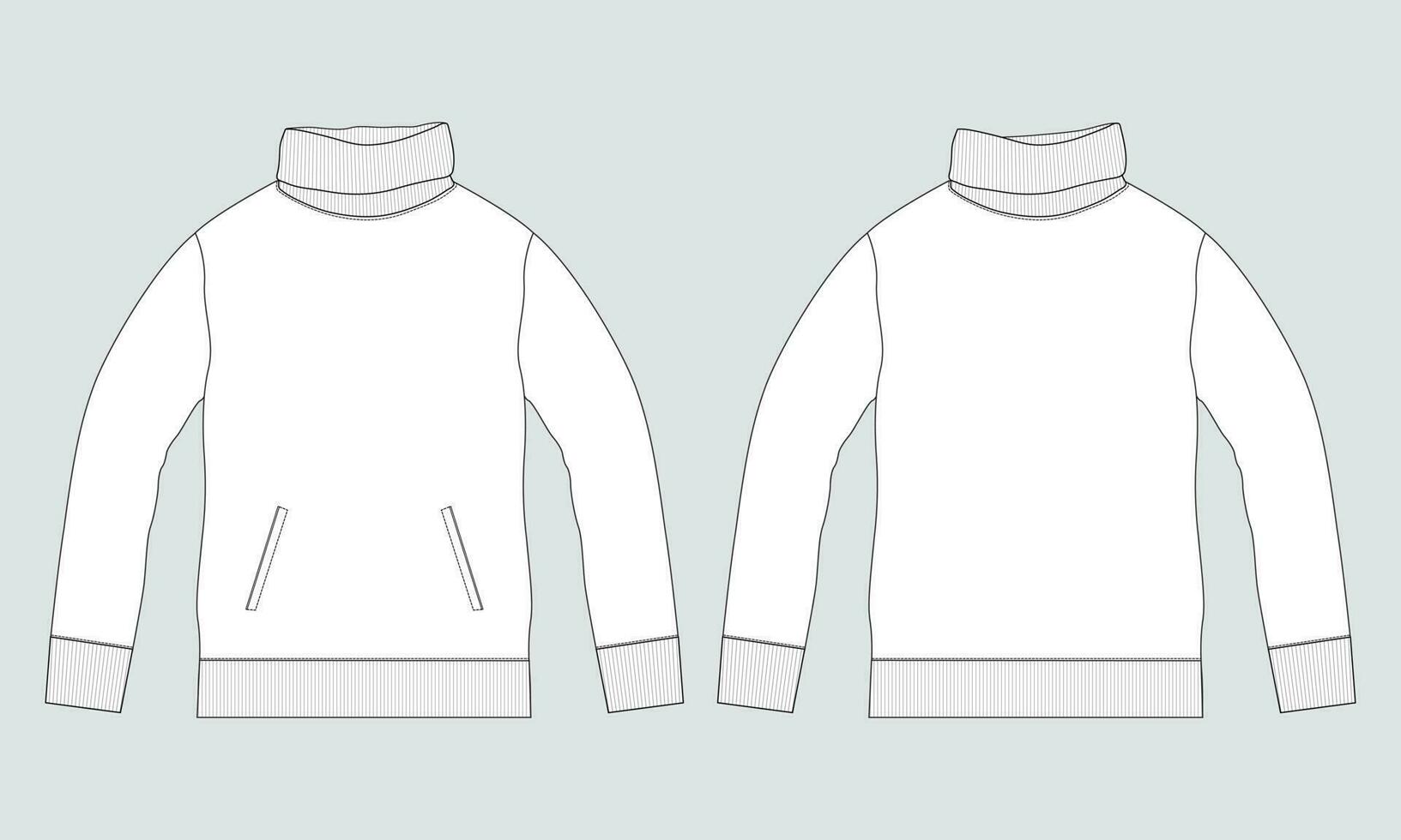 Long sleeve sweatshirt with stand up collar technical drawing fashion flat sketch vector illustration template front and back views