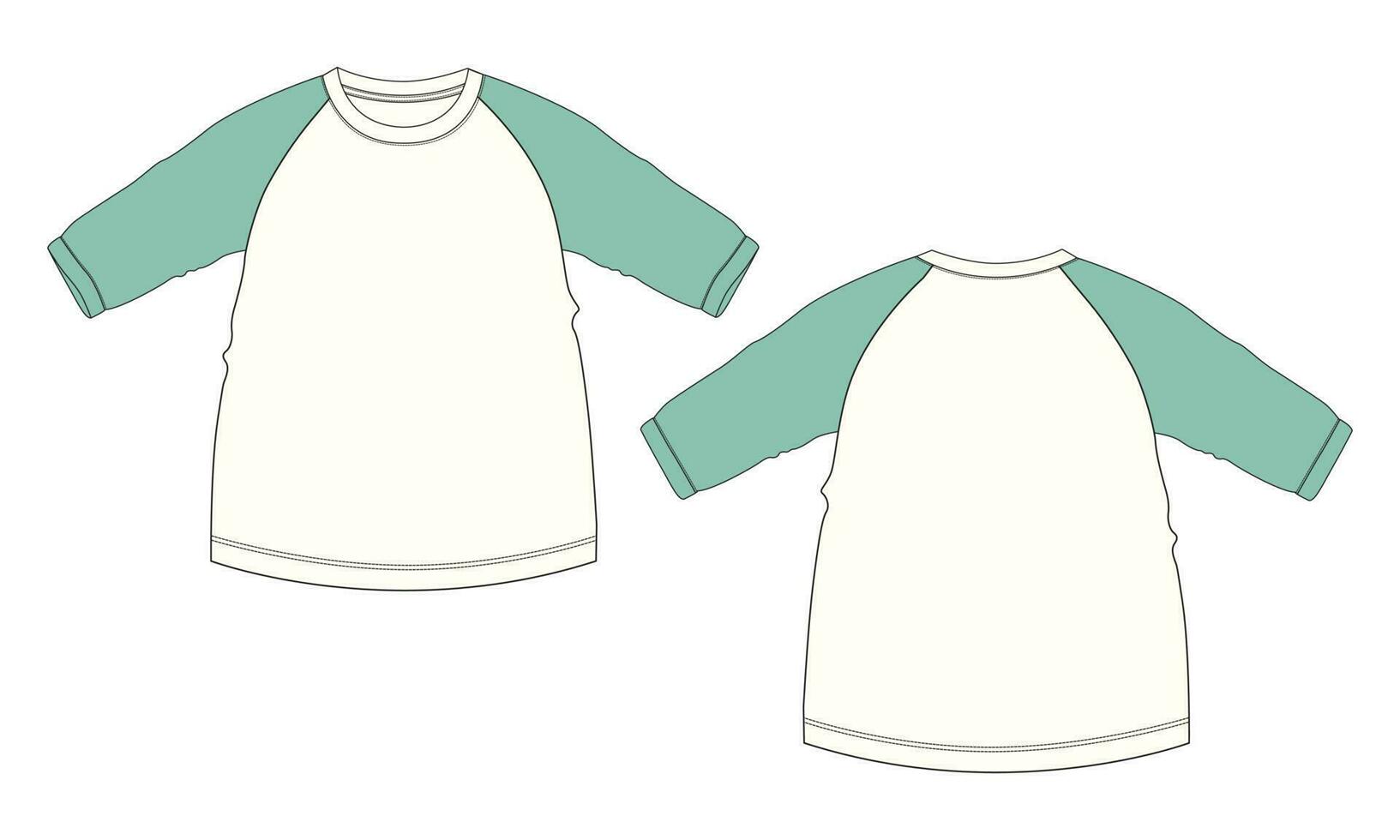 Long sleeve raglan t shirt technical drawing fashion flat sketch vector illustration template front and back views