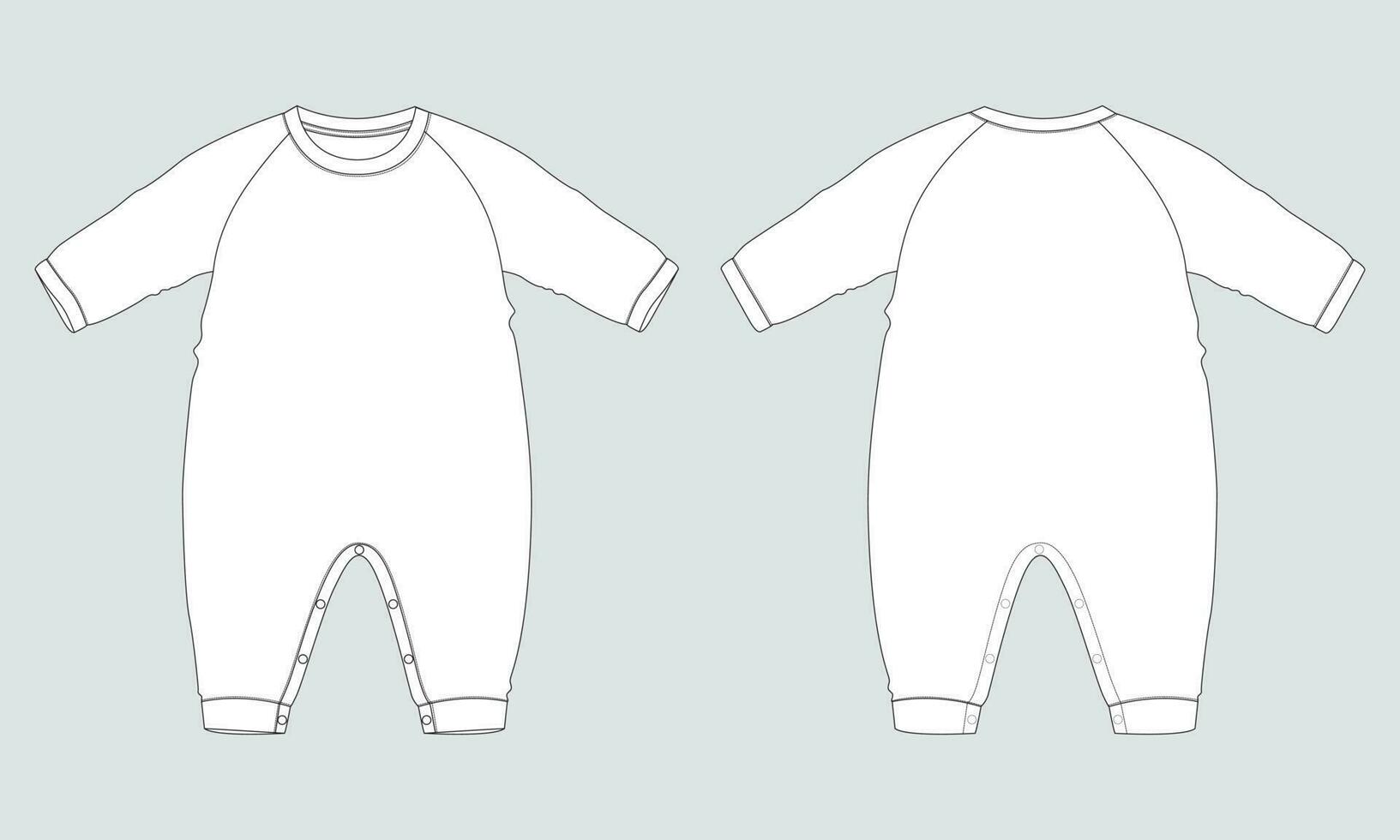 Long sleeve romper bodysuit technical drawing fashion flat sketch vector illustration template for kids.