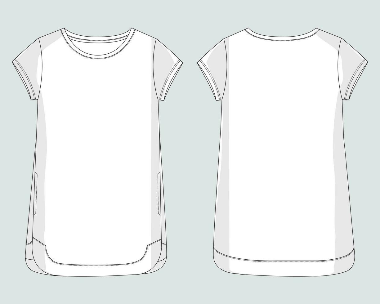 Women's dress design technical drawing fashion flat sketch vector illustration template front and back views isolated on white background