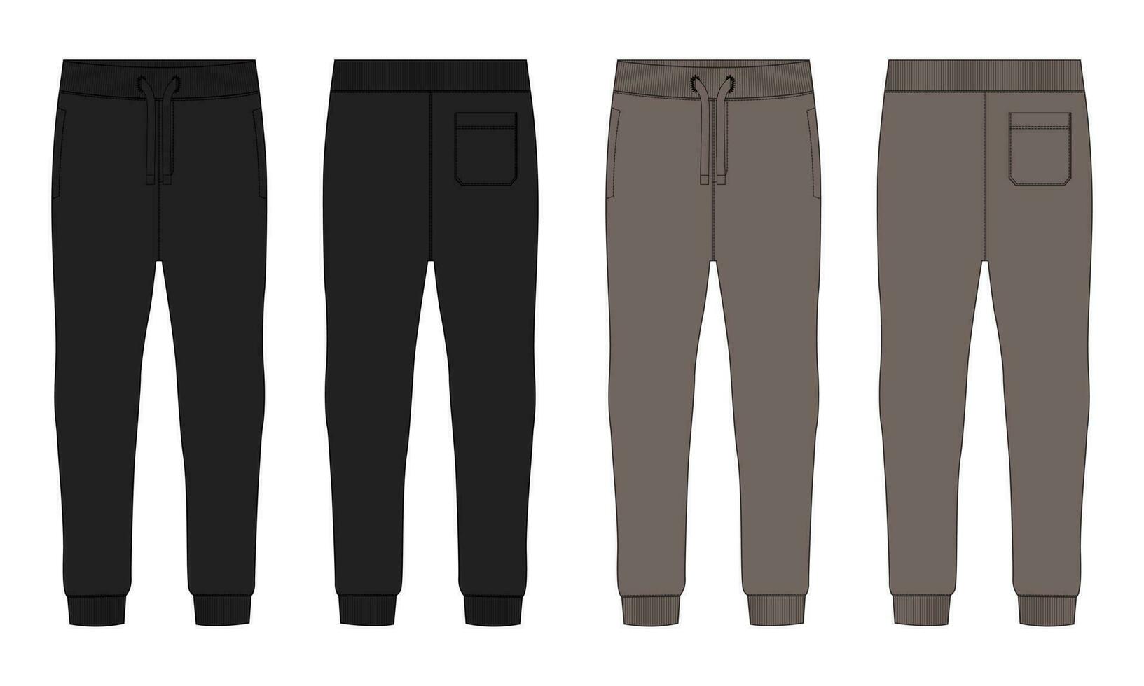 negro y caqui color básico sudor pantalón técnico Moda plano bosquejo modelo frente, espalda puntos de vista. vestir lana algodón persona que practica jogging pantalones vector ilustración dibujo burlarse de arriba para de los hombres y Niños.