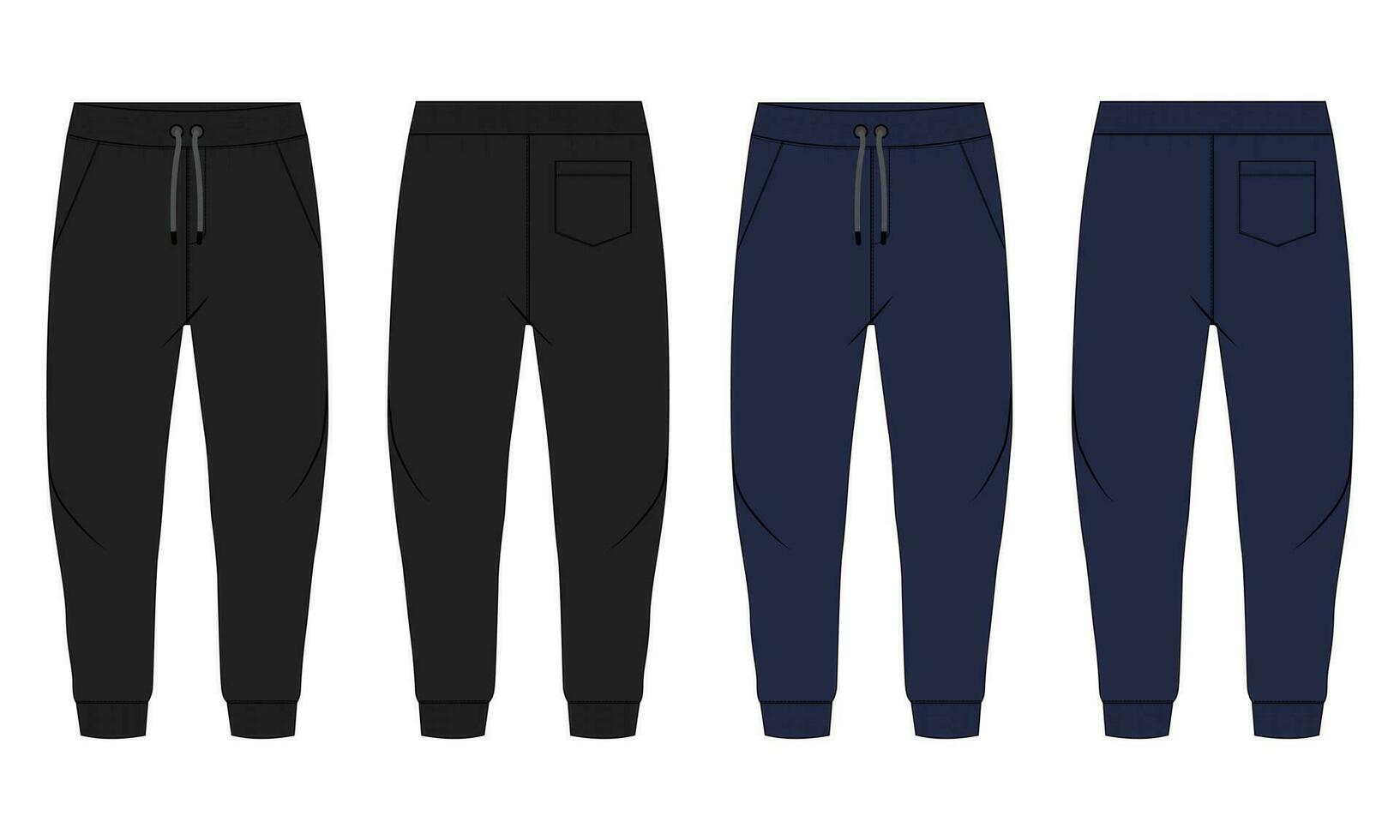 Black and navy color Basic Sweat pant technical fashion flat sketch template front, back views. Apparel Fleece Cotton jogger pants vector illustration drawing mock up for men's and boys.