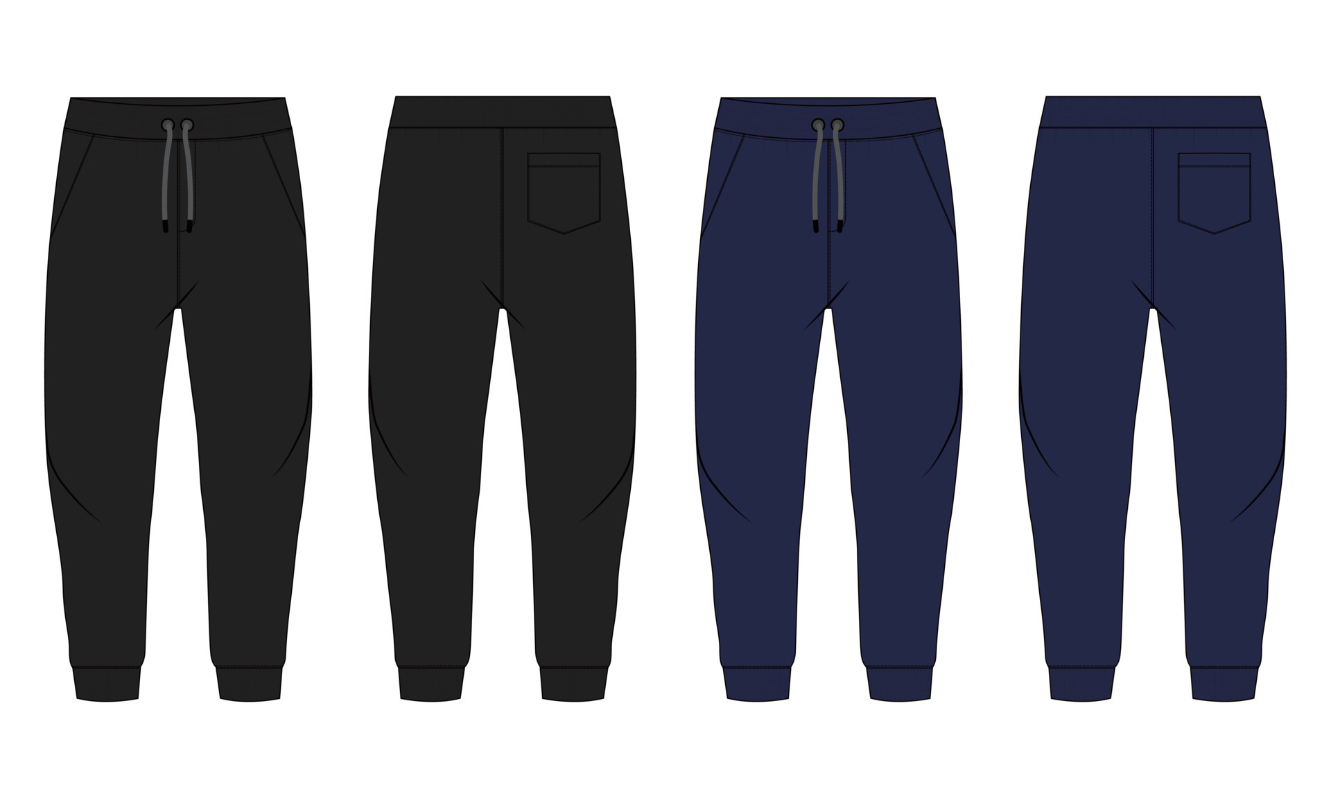 Black and navy color Basic Sweat pant technical fashion flat sketch template front, back views