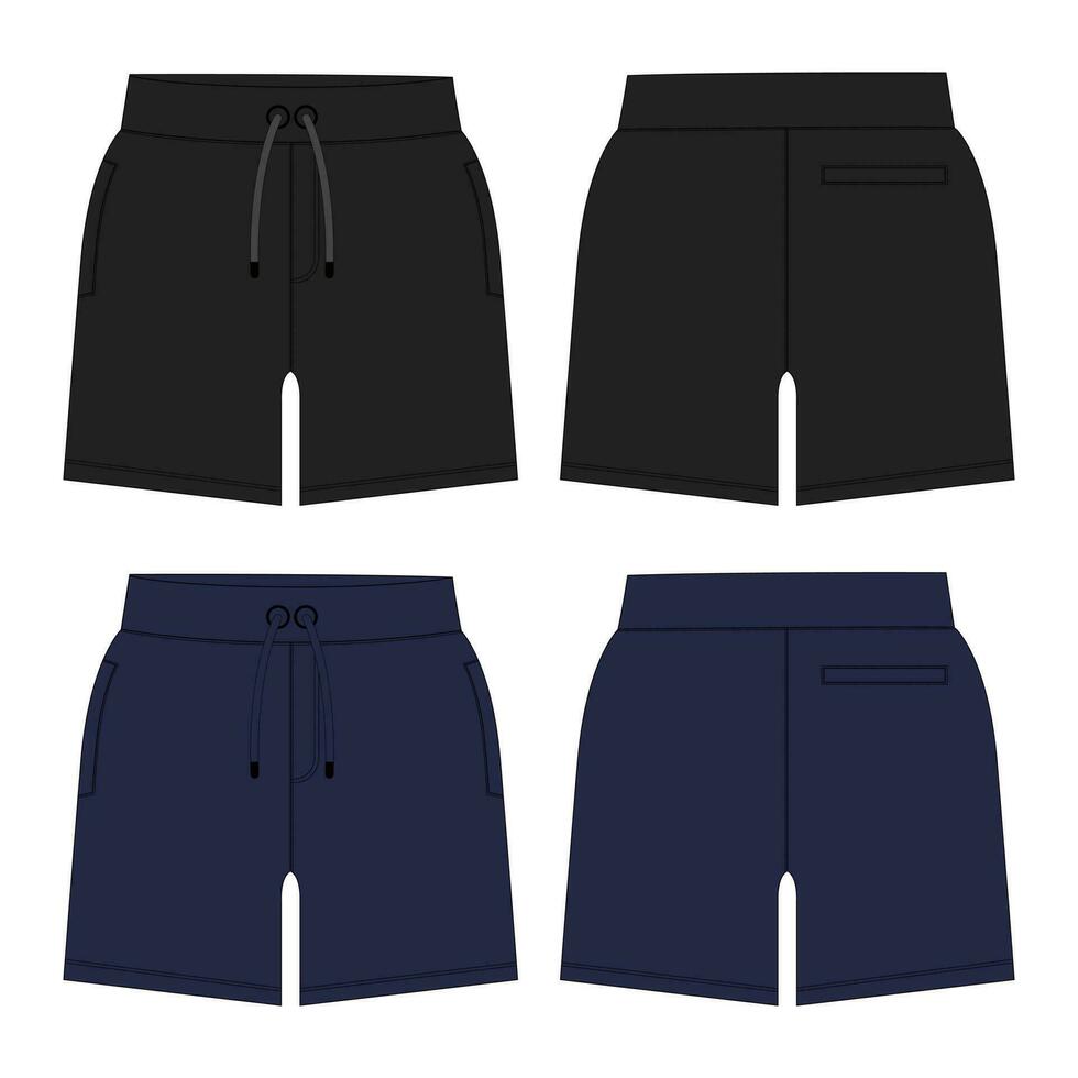 Shorts pant technical drawing fashion flat sketch template front and back views. Apparel jogger shorts vector illustration black and navy color mock up for kids and boys