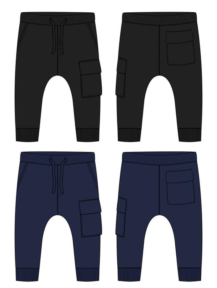 Fleece cotton jersey basic Sweat pant technical drawing fashion flat sketch template front and back views. Apparel jogger pants vector illustration Black and Navy color mock up for kids and boys.