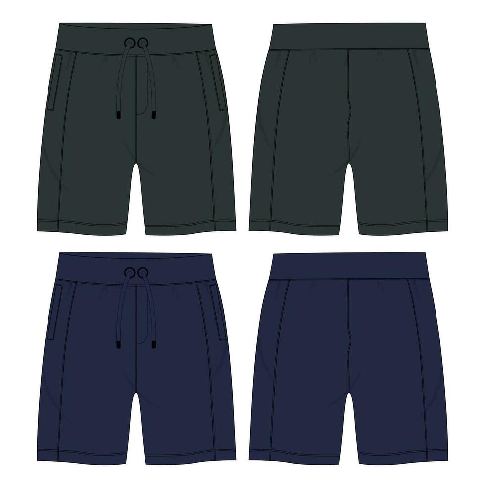 Black and navy color Sweat shorts pant vector illustration template front and back views isolated on white background