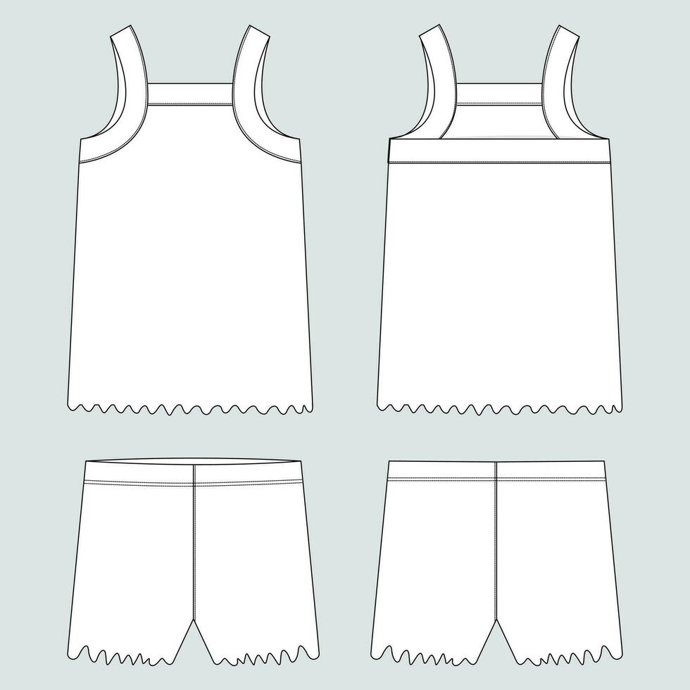 Tank tops with shorts pant technical drawing fashion flat sketch template front and back views. Apparel design vector illustration mockup for kids