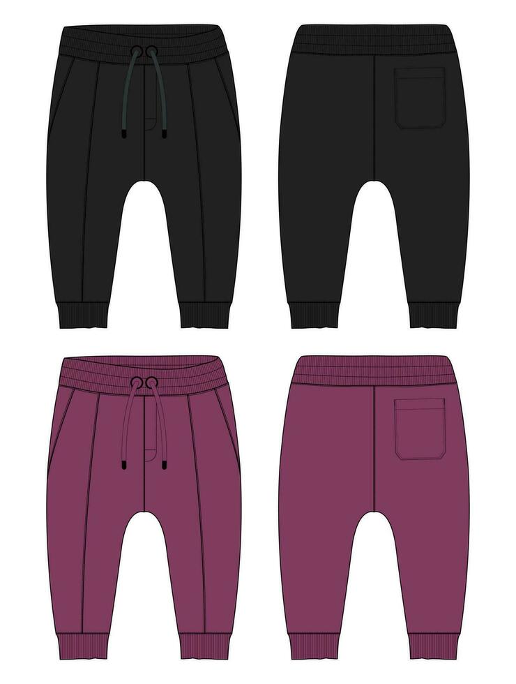 Fleece cotton jersey basic Sweat pant technical drawing fashion flat sketch template front and back views. Apparel jogger pants vector illustration black and violet color mock up for kids and boys.
