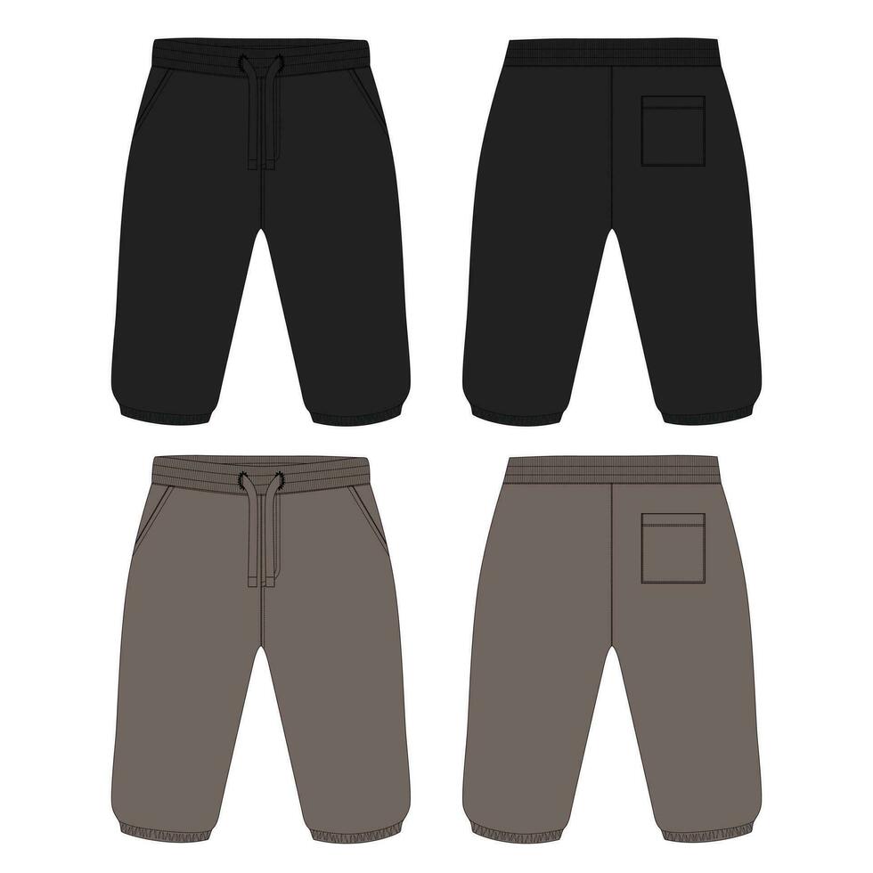 Fleece cotton jersey basic Sweat pant technical fashion flat sketch template front and back views. Apparel jogger pants vector illustration black and khaki color mock up for kids and boys.