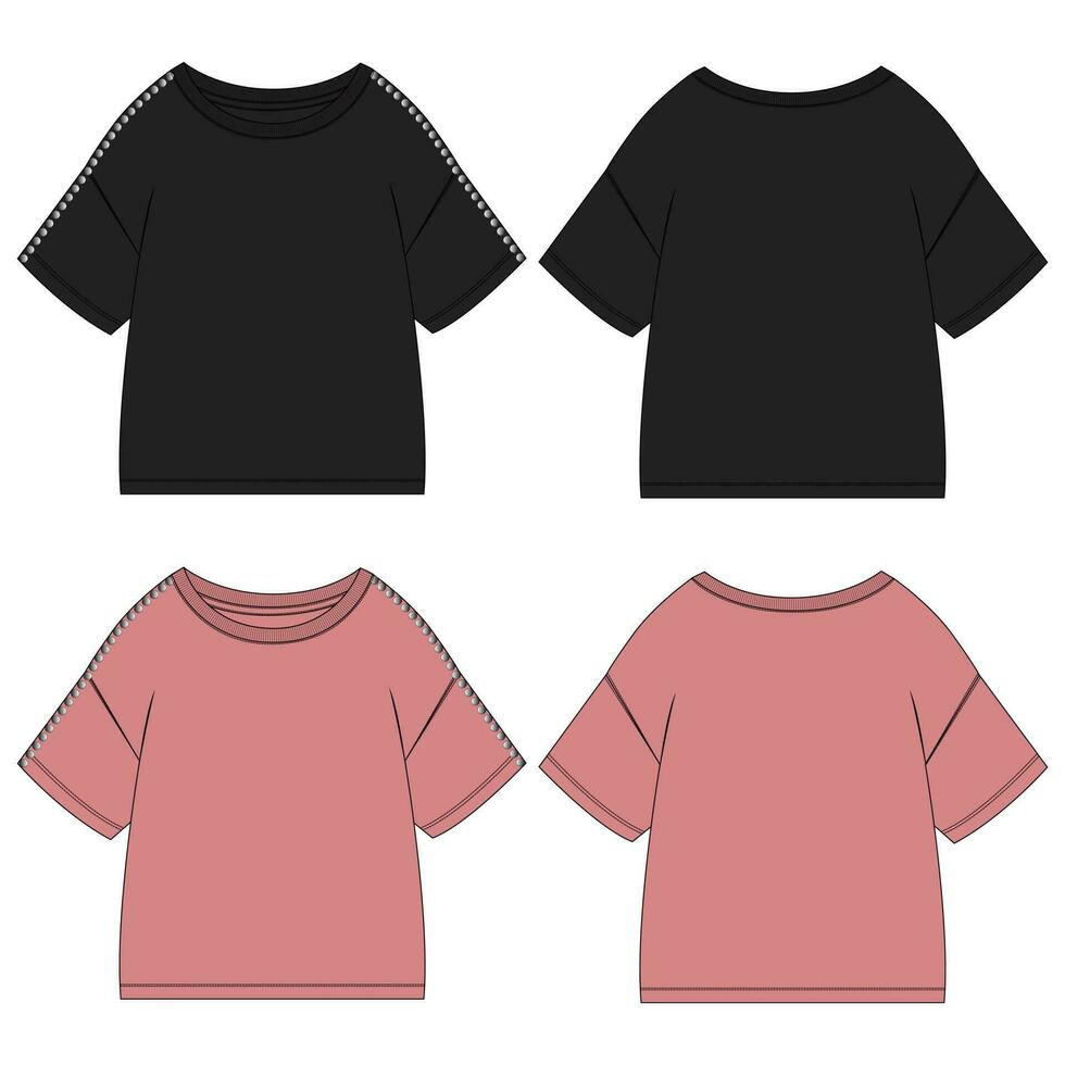 Short Sleeve with drop shoulder Ladies t shirt Technical Fashion flat sketch Vector illustration black and purple color template Front and back views.