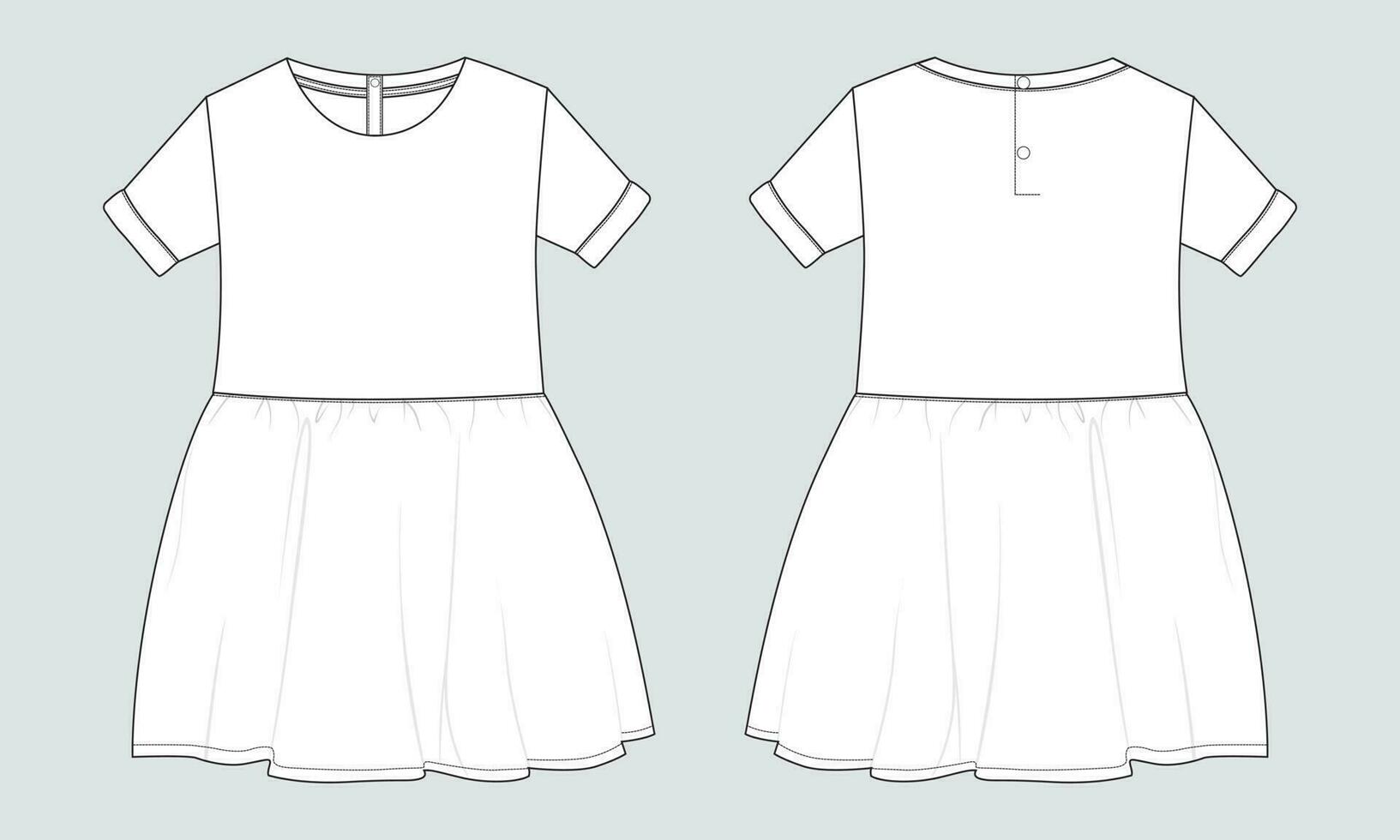 Baby girls Tops and Skirt dress design technical Flat sketch vector illustration template. Apparel clothing Mock up front and back views For Baby kids.