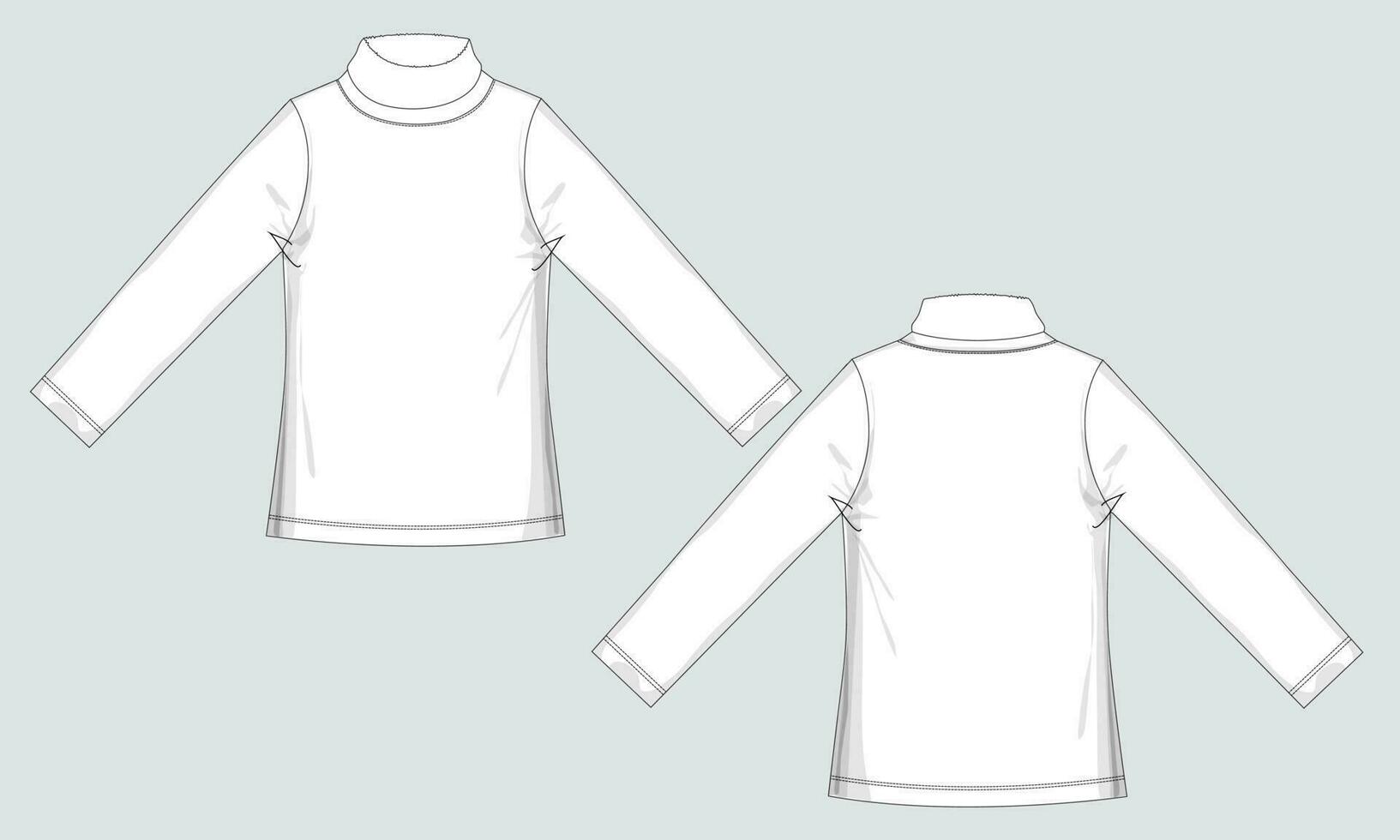 Long sleeve T shirt with stand up collar technical drawing fashion flat sketch vector illustration template front and back views isolated on Grey background