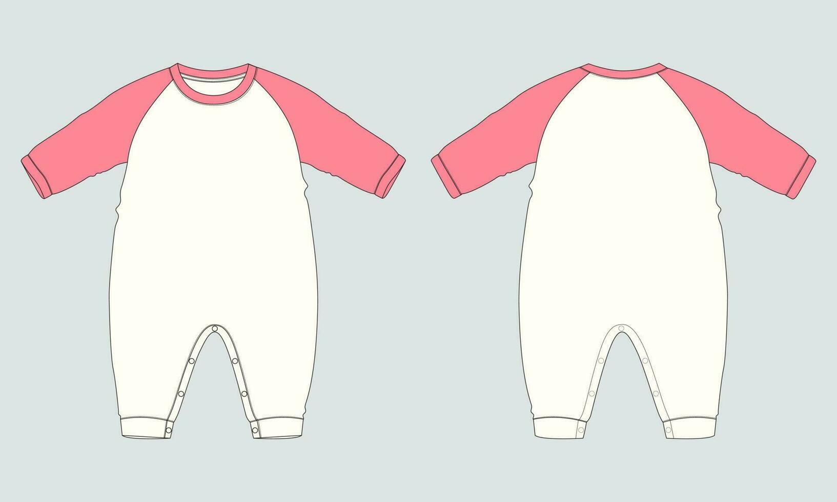 Two tone Color Long sleeve romper bodysuit technical drawing fashion flat sketch vector illustration template for kids.