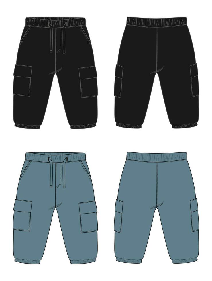 Fleece cotton jersey basic Sweat pant technical drawing fashion flat sketch template front and back views. Apparel jogger pants vector illustration Black and Blue color mock up for kids and boys.