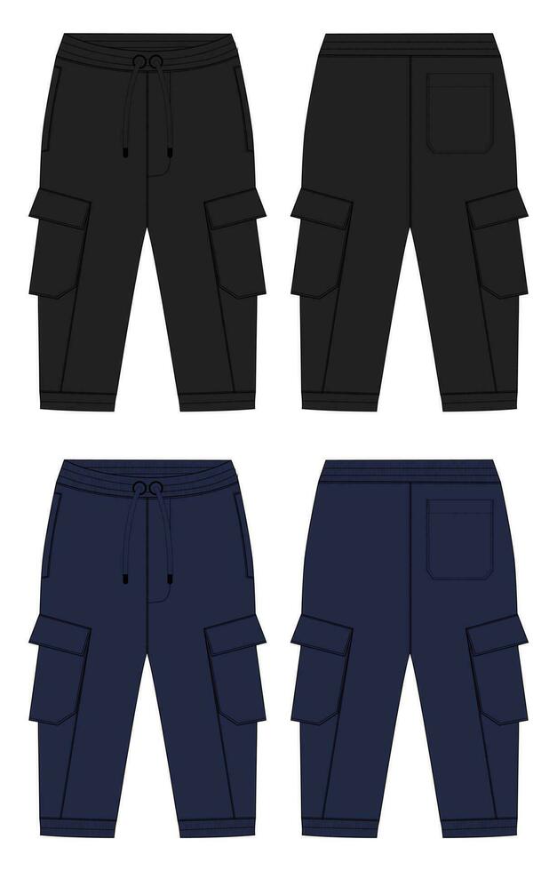 Fleece cotton jersey basic Sweat pant technical drawing fashion flat sketch template front and back views. Apparel jogger pants vector illustration black and navy color mock up for kids and boys.