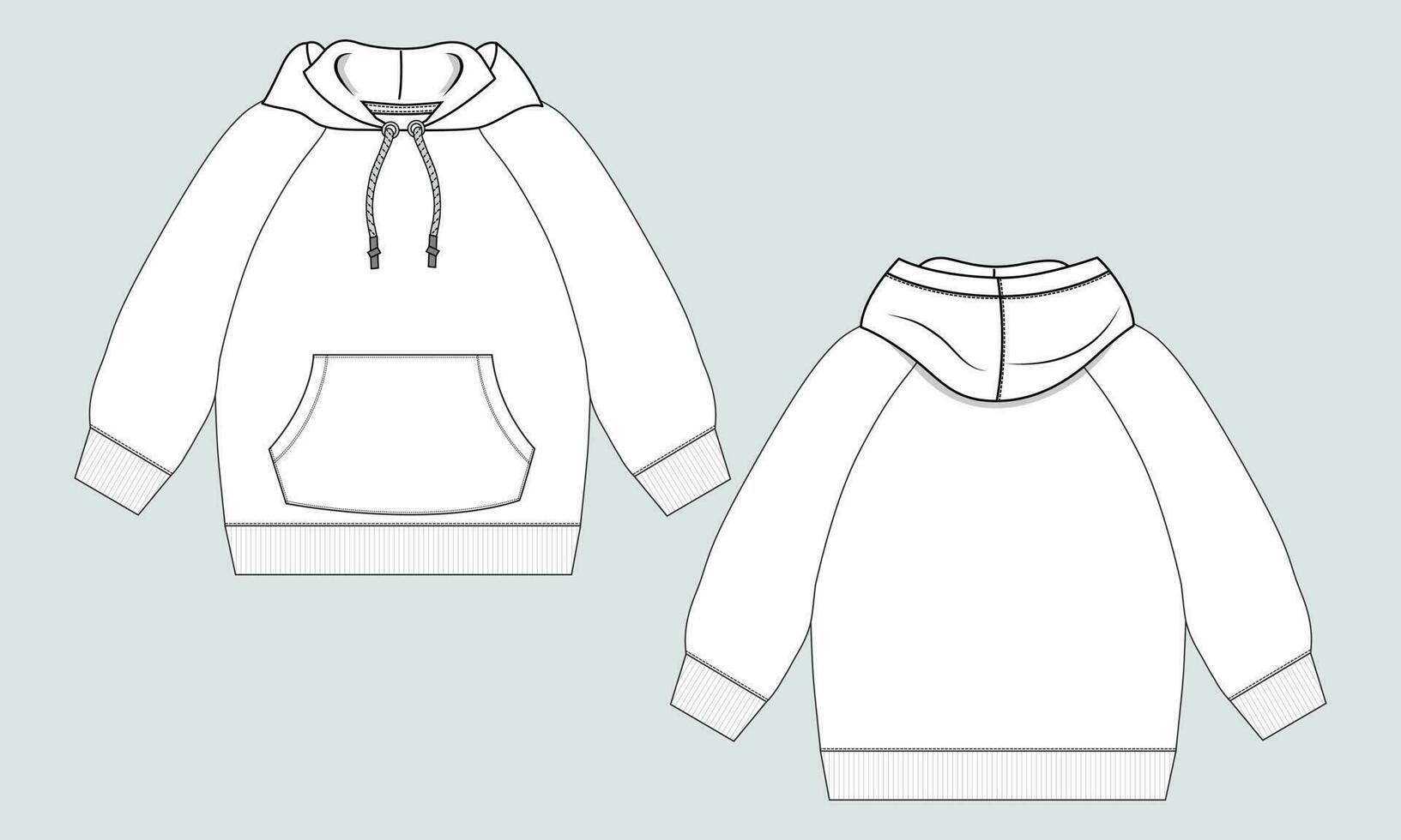 vista frontal y posterior de la plantilla de ilustración vectorial de boceto plano de moda técnica con capucha de manga larga. sudadera con capucha de jersey de lana maqueta para hombres y niños. vector