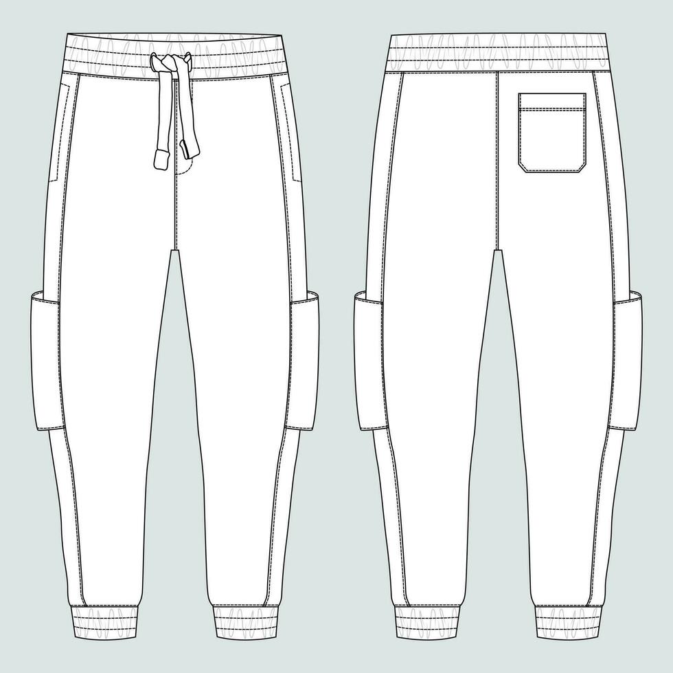 Fleece fabric Jogger Sweatpants overall technical fashion flat sketch vector illustration template front, back views