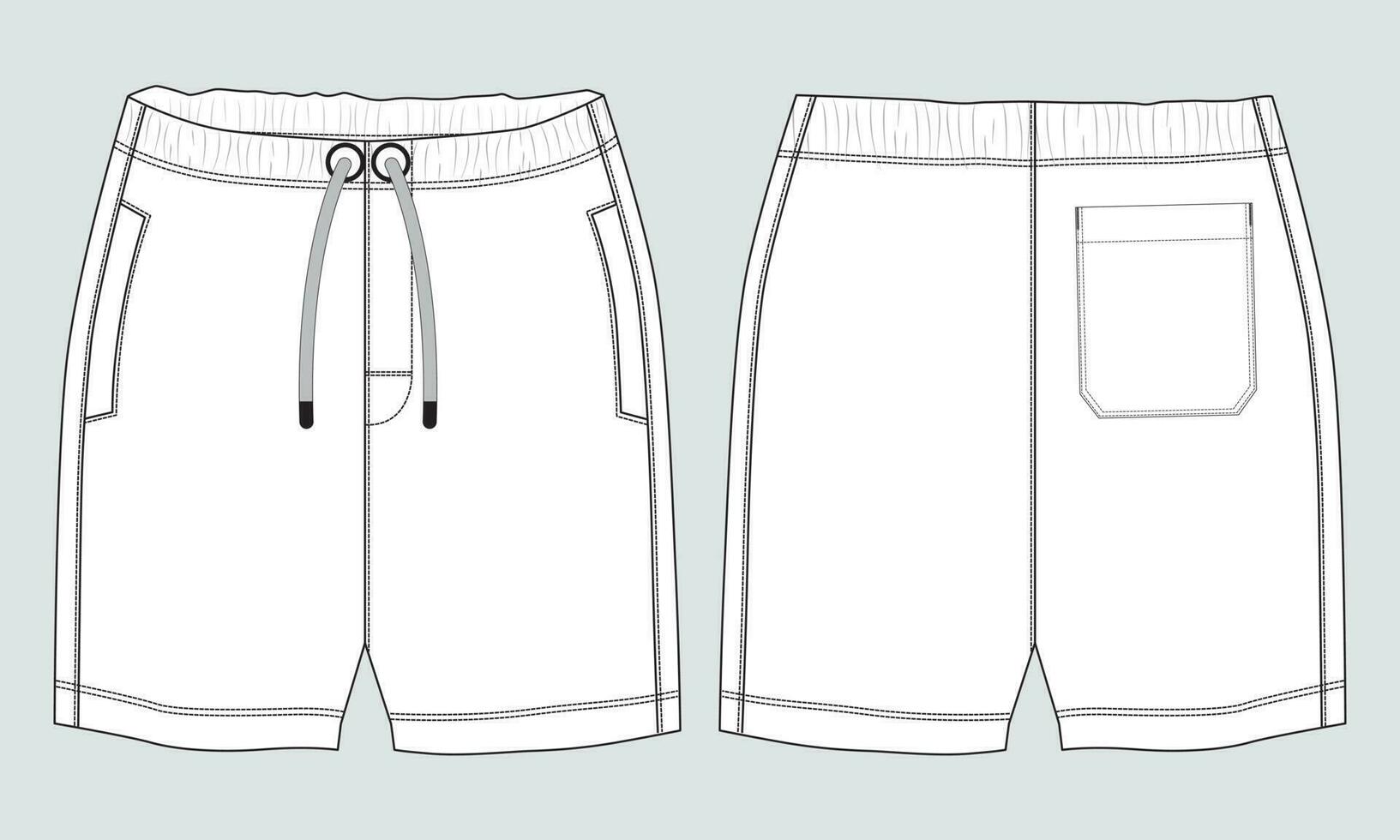 Shorts pant technical drawing fashion flat sketch template front and back views. Apparel jogger shorts vector illustration mock up for kids and boys