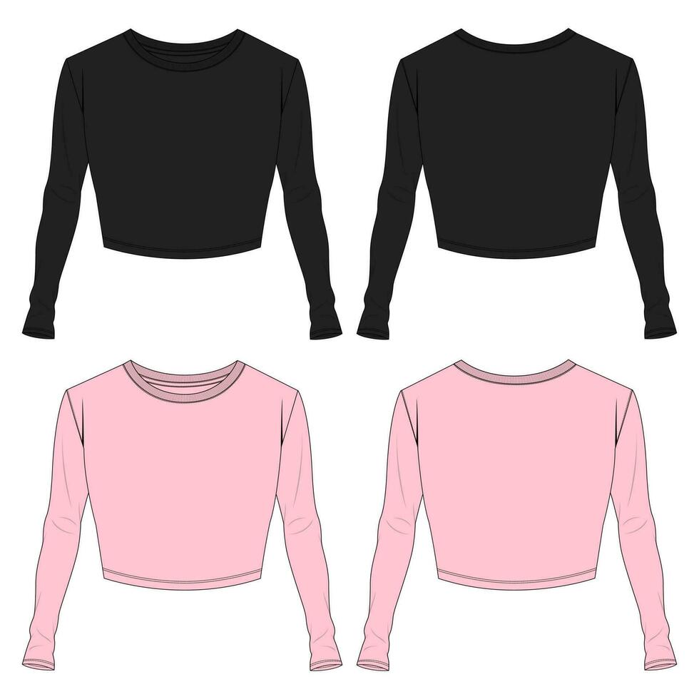 Long sleeve t shirt tops blouse technical drawing fashion flat sketch vector illustration black and pink color template for ladies isolated on white background