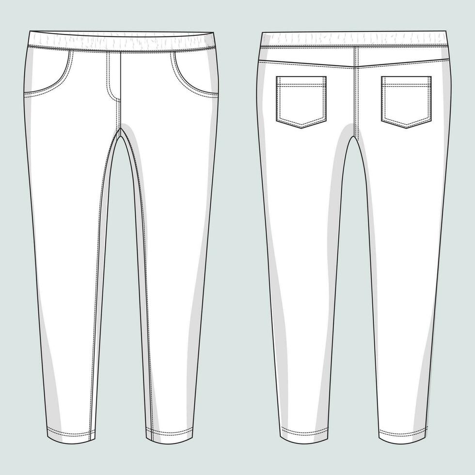 Denim jeans pant Technical drawing fashion flat sketch vector illustration template front and back views