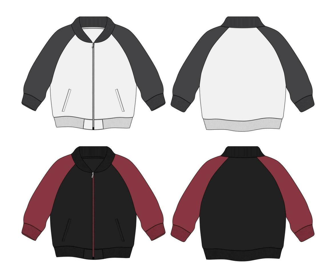Two tone Color Long sleeve jacket with pocket and zipper technical fashion flat sketch vector illustration template front and back views. Fleece jersey sweatshirt jacket for men's and boys.